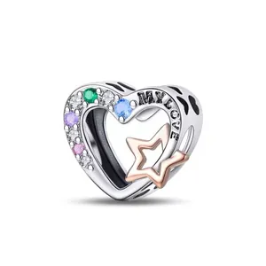 Charm cuore in argento con pietre multicolore, stella oro rosa e incisione MY LOVE