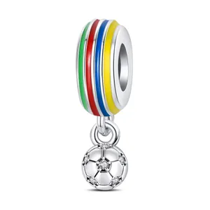 Colorful enamel stripe bead with sparkling crystal football pendant for charm bracelets