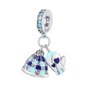 Detailed S925 silver charm featuring a blue enamel winter hat and heart pattern mitten