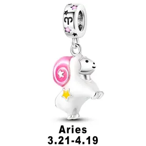 Aries zodiac charm bead in silver finish with pink enamel horns and yellow star
