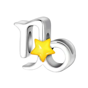 Polished silver Capricorn zodiac charm with yellow star for DIY charm bracelets