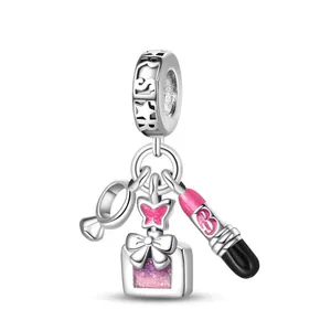 Silver beauty charm set with mirror, sparkling perfume bottle and lipstick pendants