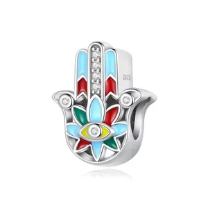 S925 Sterling Silber Hamsa Hand Anhänger mit buntem Emaille und Zirkonia Steinen