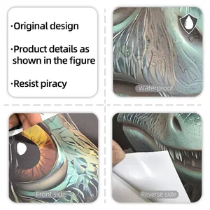 Macro detail of waterproof dinosaur wall sticker with textured finish and adhesive back