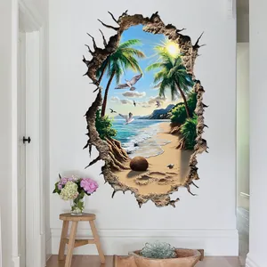 3D tropical beach wall sticker with coconut trees and ocean view for home decor