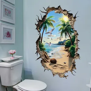 Detailed macro view of 3D cracked wall decal showing tropical beach scene with palm trees