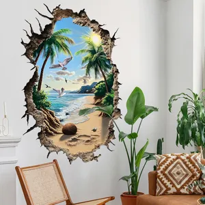 Detailed 3D tropical island view through realistic wall crack with palm trees and ocean