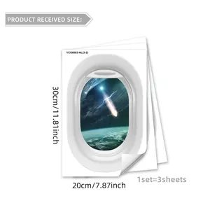 Luminous airplane window wall decals with meteor and earth scene, set of 3 pieces