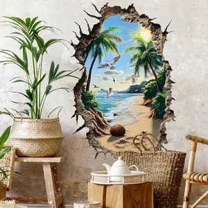 3D beach wall sticker detail showing tropical coconut trees and sea through a broken wall