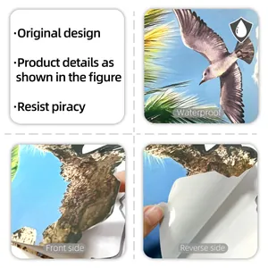 Detail of waterproof wall sticker with adhesive back showing seagull and palm leaf