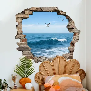 3D sea view wall sticker featuring ocean waves and seagulls with a broken wall visual effect