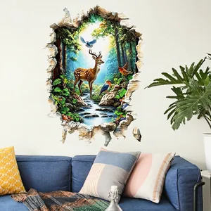 Sticker mural 3D cerf de forêt effet mur cassé au-dessus d'un canapé de salon bleu