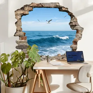 Macro detail of 3D cracked wall decal featuring ocean waves and flying seagulls