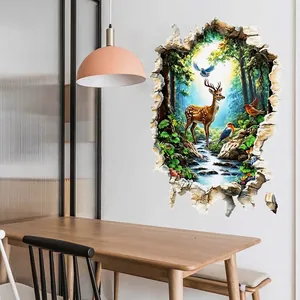 Sticker mural 3D avec forêt, cerf et oiseaux à effet mur brisé pour la décoration