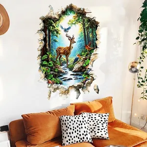 Sticker mural 3D forêt avec cerf effet mur brisé dans un salon de style moderne