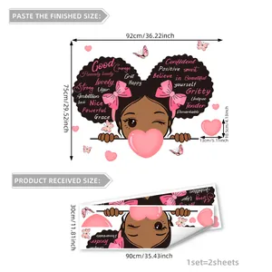 Cartoon black girl wall sticker with butterflies and motivational English words for room decor