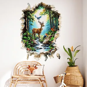 Sticker mural 3D forêt avec cerfs et ruisseau dans un salon moderne lumineux
