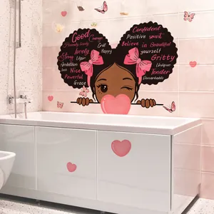 Cartoon girl wall sticker with inspirational English words and pink hearts for kids' room