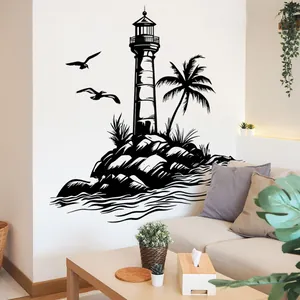 Black lighthouse wall sticker featuring seagulls and palm trees for modern living room decor