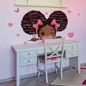 Cartoon girl wall sticker with positive words hearts and pink butterflies for nursery decor