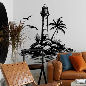 Black lighthouse silhouette wall sticker with palm trees and seagulls for living room decor