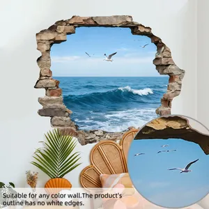 Detailed 3D wall sticker view showing ocean wave and seagull pattern with no white borders