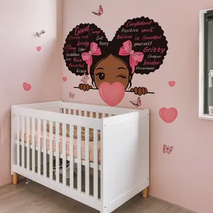 Cartoon Afro girl wall sticker with positive words and pink butterflies for nursery decor