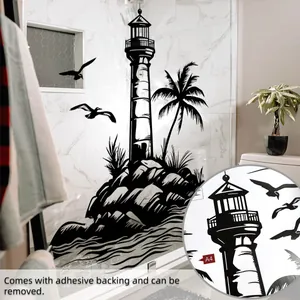 Detail of self-adhesive black lighthouse and seagull wall decal on bathroom tiles