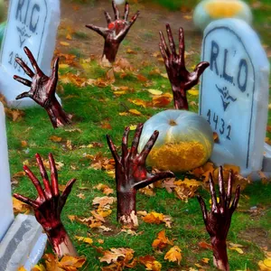 Realistic Halloween zombie hand stake with blood splatter for outdoor garden decoration