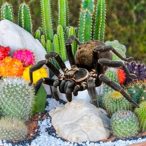 Realistic giant spider garden stake prop nestled among succulent plants for Halloween