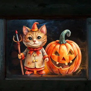 Détail d'un autocollant statique d'Halloween avec chat festif et illustration de citrouille