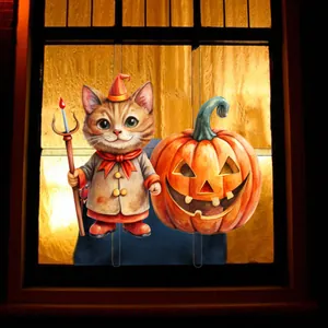 Piquets de jardin Halloween avec chat mignon au trident et citrouille souriante décor
