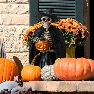 Detailed view of Halloween skeleton with wizard hat holding a glowing pumpkin lamp