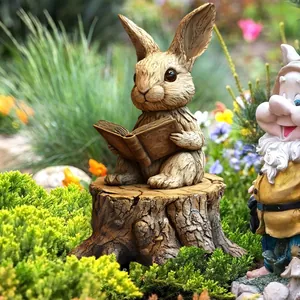 Detailed close-up of a resin rabbit reading on a stump in a lush garden setting