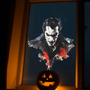 Détail de l'autocollant de vampire à l'aquarelle avec lanterne de citrouille sur la fenêtre