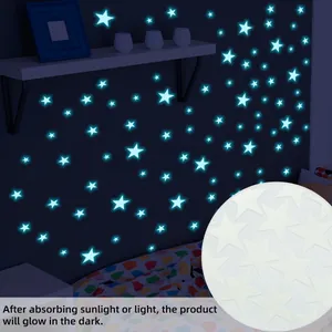 Detail showing glowing blue fluorescent stars on a dark wall for bedroom decor