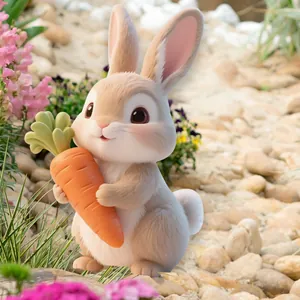 Macro detail of a 3D cartoon bunny garden stake with a carrot in lush outdoor scenery