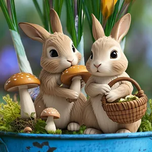 Detail of two cartoon resin rabbits with a mushroom and basket in a garden scene