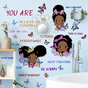 Inspirational African girl wall stickers with butterflies and floral motivational quotes