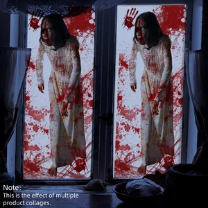 Stickers Halloween pour fenêtres avec femme effrayante et empreintes de mains sanglantes