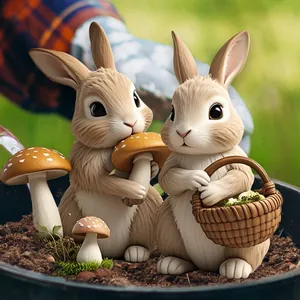 Detail view of cute rabbit figurines with mushroom and basket for garden decor