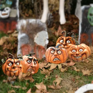 Detail showing expressive pumpkin ornaments with realistic textures on Halloween lawn