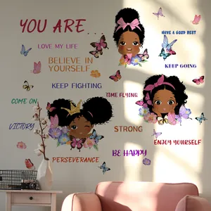 Cartoon girl wall decals with inspirational phrases and butterflies for kids room decoration