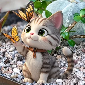 Detail of grey striped 3D cat garden stake with orange butterflies and collar bell