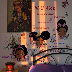 Detail of cartoon girl wall stickers with inspirational quotes and colorful butterflies