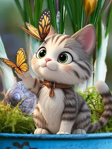 Close-up of a 3D cartoon grey tabby kitten garden stake with butterflies and snail