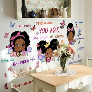 Detail of inspirational cartoon girl wall stickers with colorful butterflies in dining room
