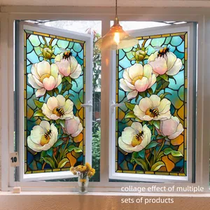 Film de Fenêtre Style Vitrail Rétro Adhésion Statique Sans Colle Intimité Sticker Décoratif de Fenêtre Fleurs Oiseau Paon Méduse Motif Déco Maison