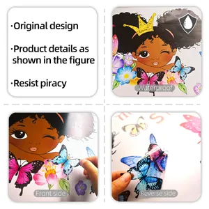 Detail of waterproof cartoon girl and floral wall stickers with transparent PVC texture
