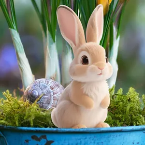 Close-up of a cute cartoon rabbit garden stake among green moss and snail shells